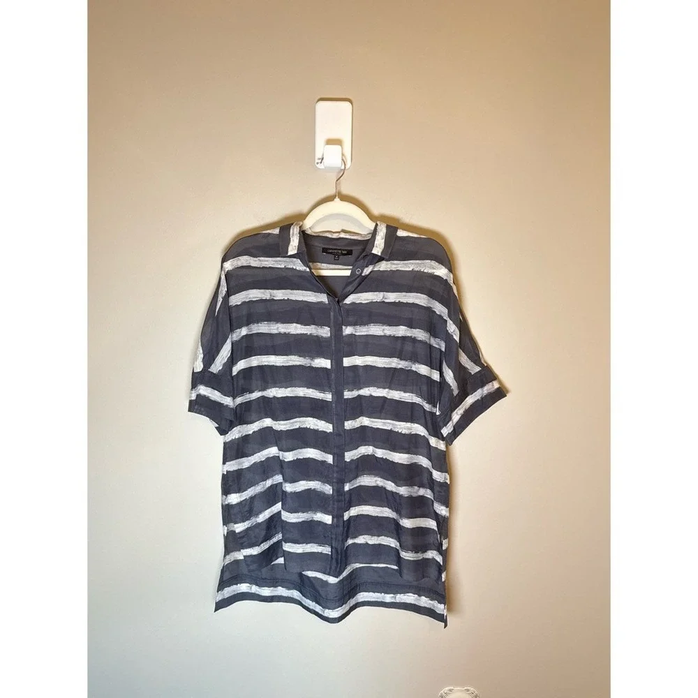 Lafayette 148 New York • Silk‎ Blend Striped Short Sleeve Button Up Shirt Top M - Picture 2 of 8